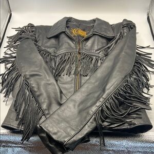 VINTAGE Branded Garments USA Fringe Cropped Biker Black Leather Jacket 12